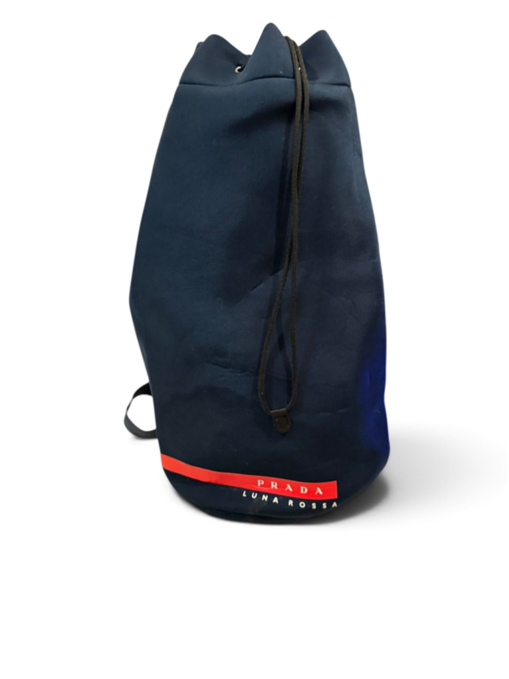 Prada Luna Rossa Navy Blue Drawstring Sling Backpack Shoulder Bag Red Logo